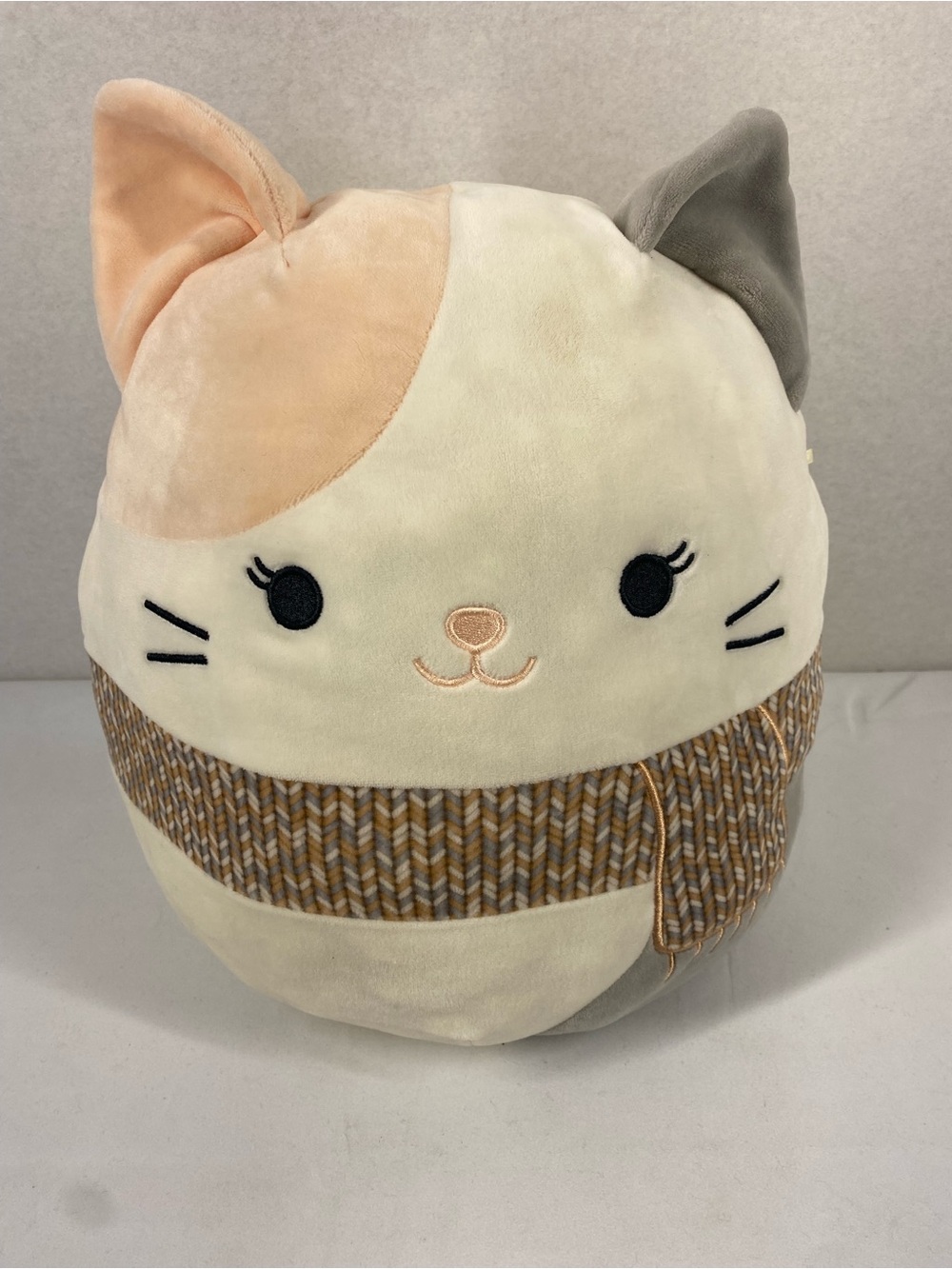 Squishmallows Calico Cat Plush in Cream, Tan & Gray with Knit Scarf